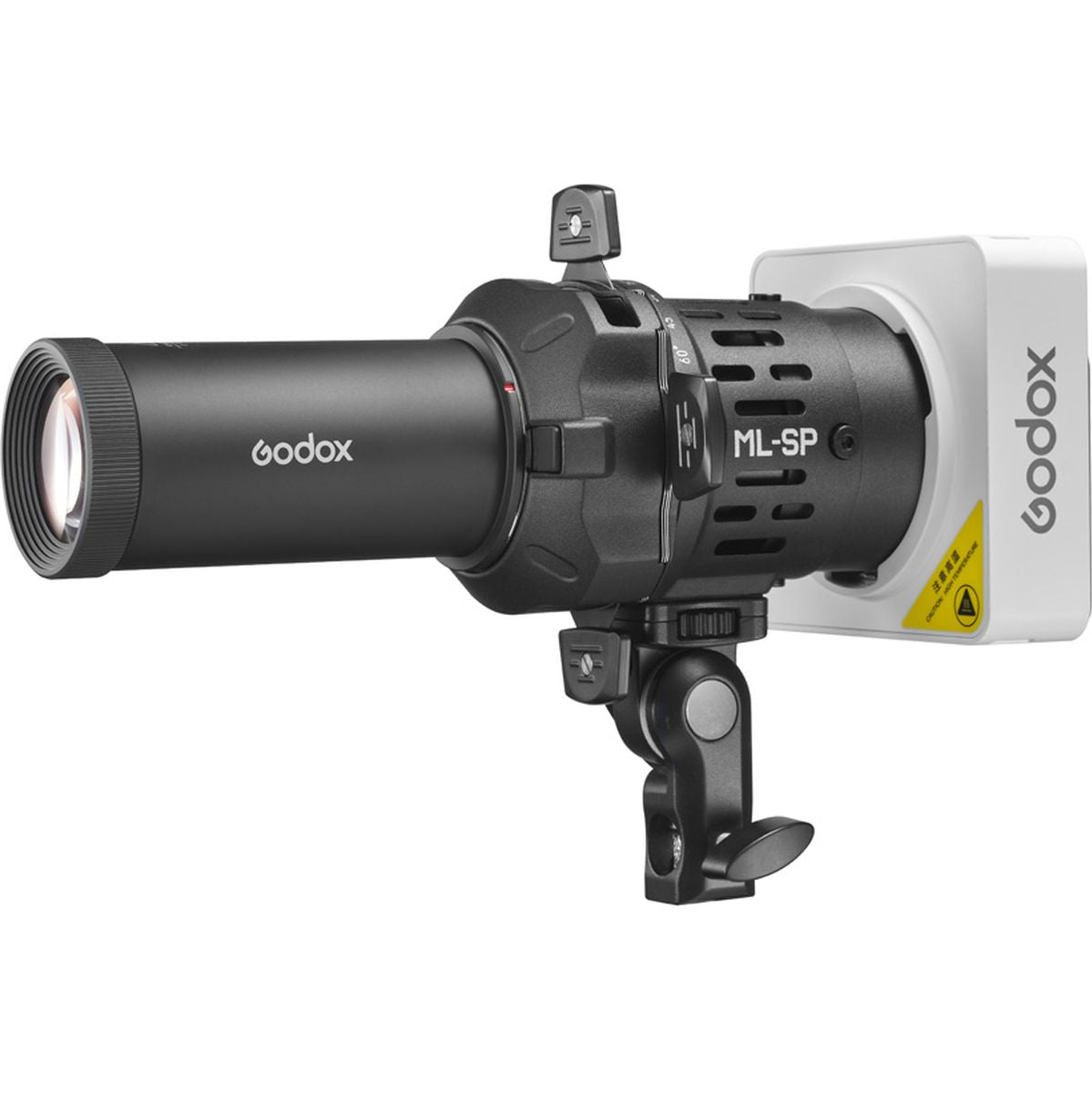 Projecteur Godox ML-SP avec objectif 19° monté sur une LED Godox blanche