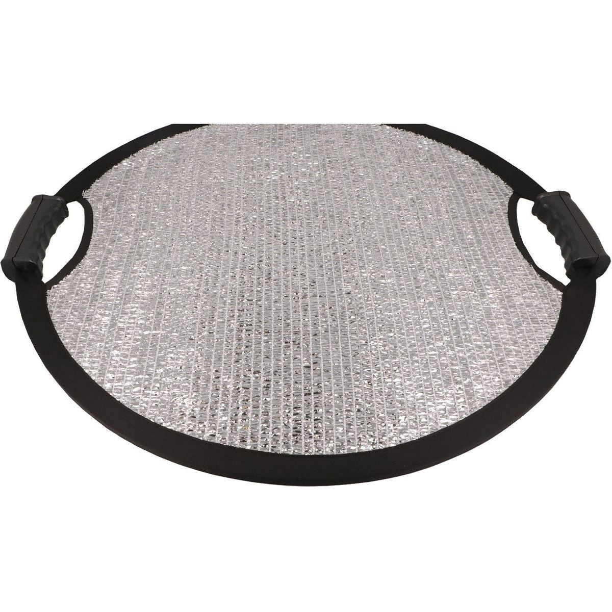 Réflecteur anti-vent Caruba 110 cm posé à plat, surface argent et poignées noires