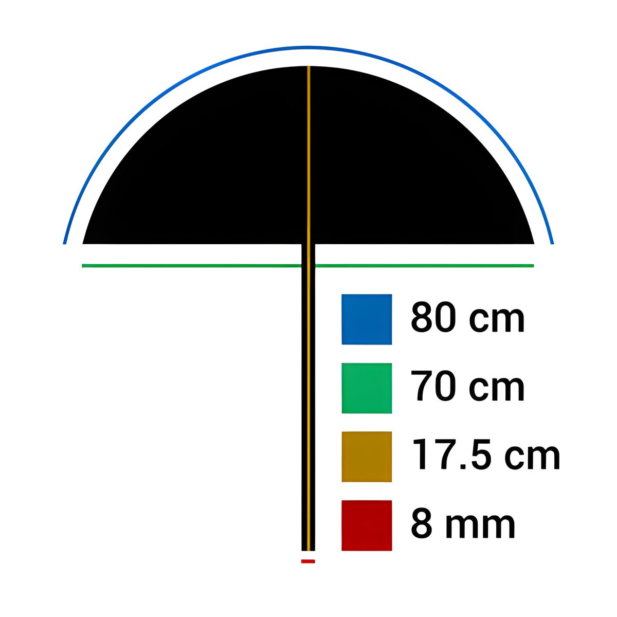 Schéma des dimensions du parapluie Falcon Eyes UR-32T, 80 cm de largeur et tige de 8 mm