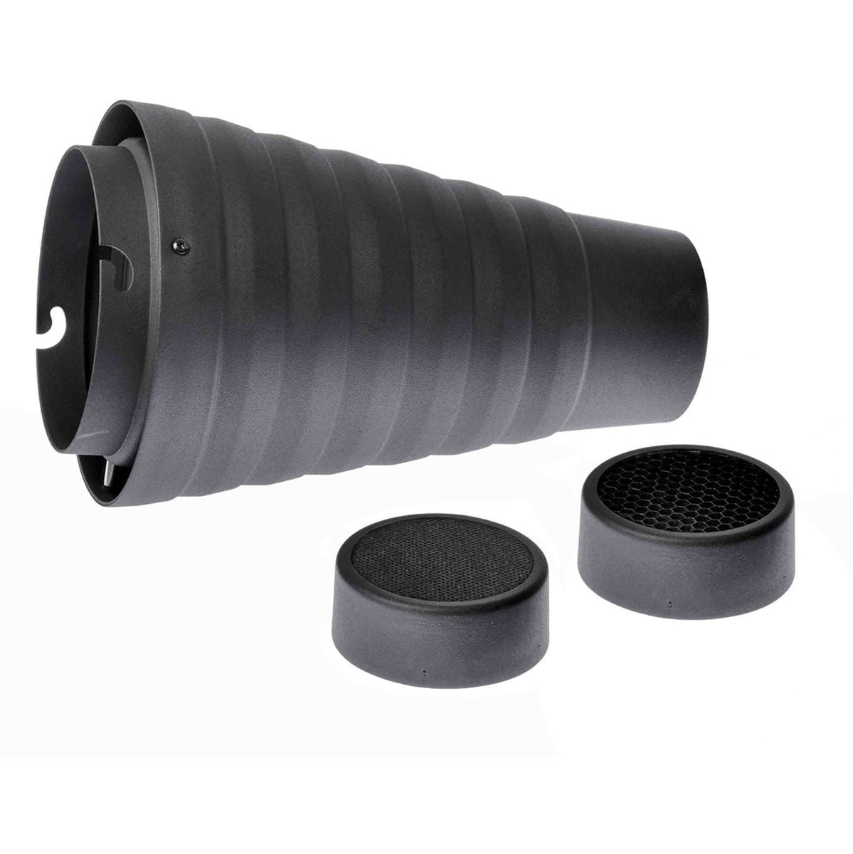 Snoot Elinchrom vu côté flash, encoche de fixation et deux grilles nid d'abeille