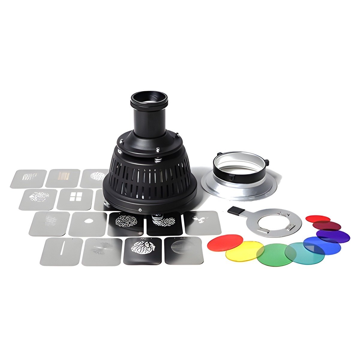 Snoot optique Falcon Eyes FTA-OS3 avec ses gobos, ses filtres de couleur, le porte-gobo et l'adaptateur Bowens