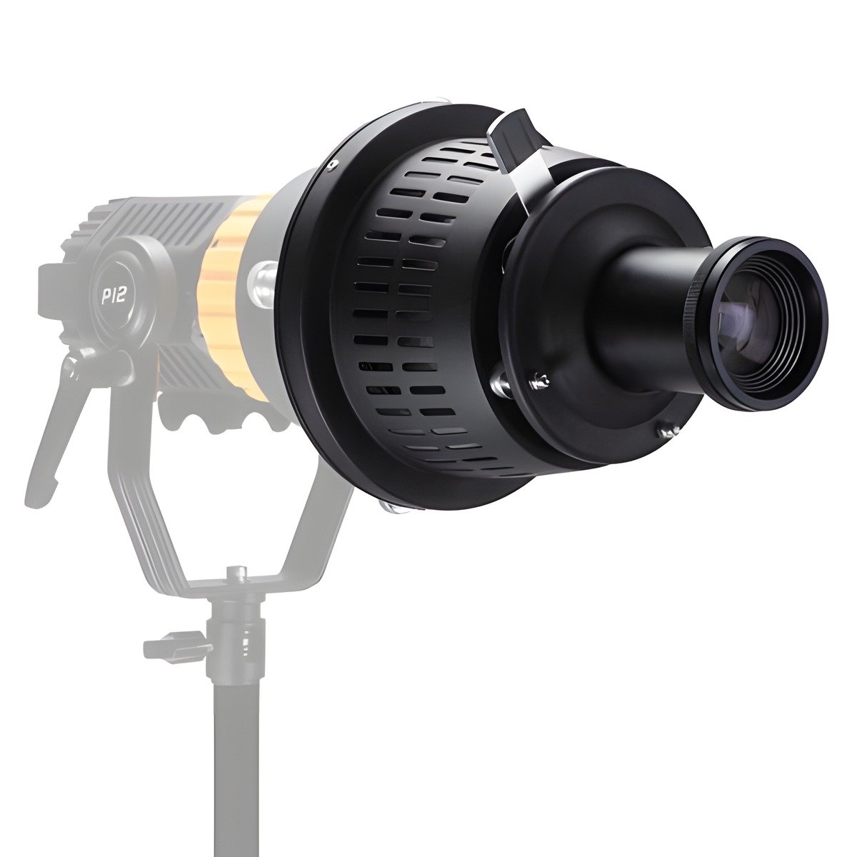 Snoot optique Falcon Eyes FTA-OS3 monté sur une lampe LED Falcon Eyes P12, lentille de face