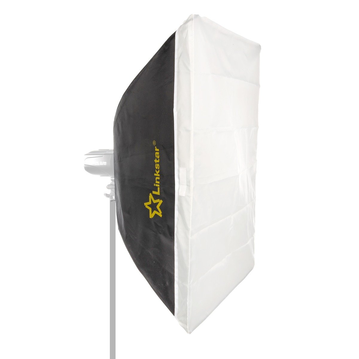 Softbox Linkstar RS-6090SA de 60x90 cm vue de trois quarts, face diffusante blanche et logo Linkstar