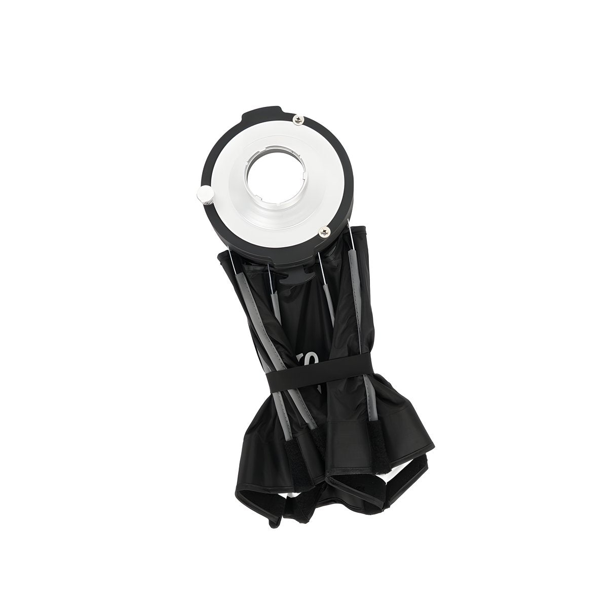 Softbox Sirui QR40 repliée avec sa sangle, anneau adaptateur argenté visible