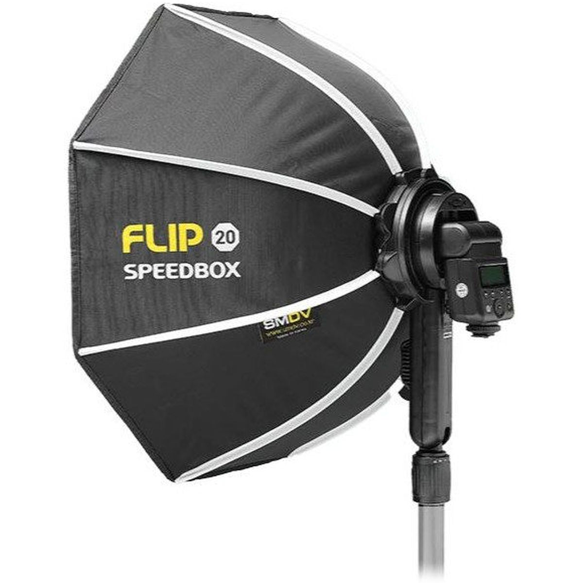 Softbox SMDV Speedbox-FLIP 50cm, montée sur flash