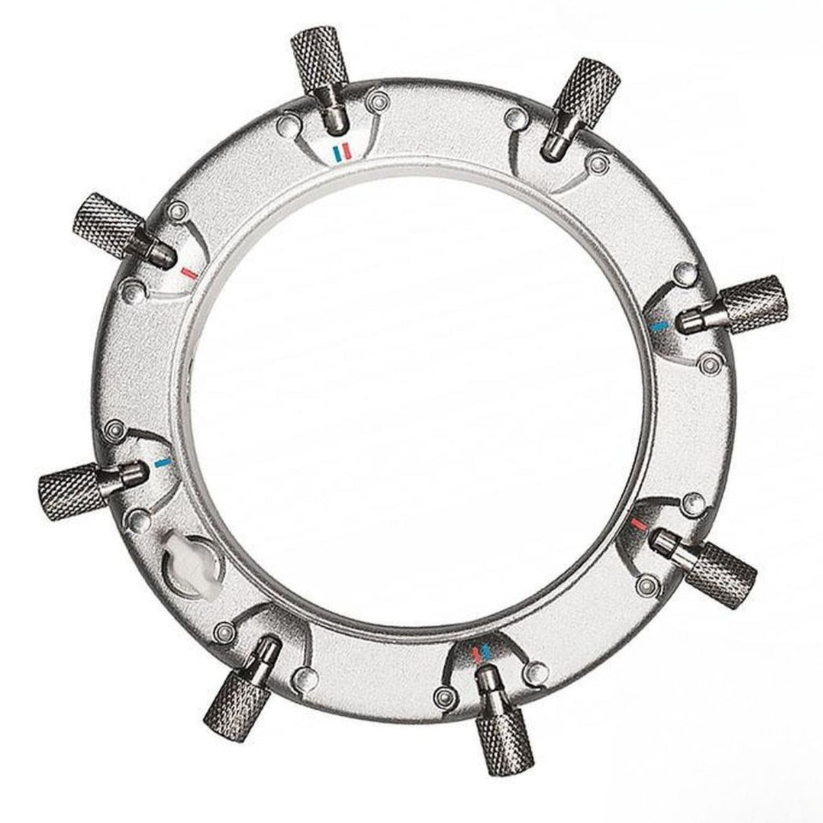 Speedring Elinchrom Rotalux argenté vu de face, huit tiges moletées et encart de profil