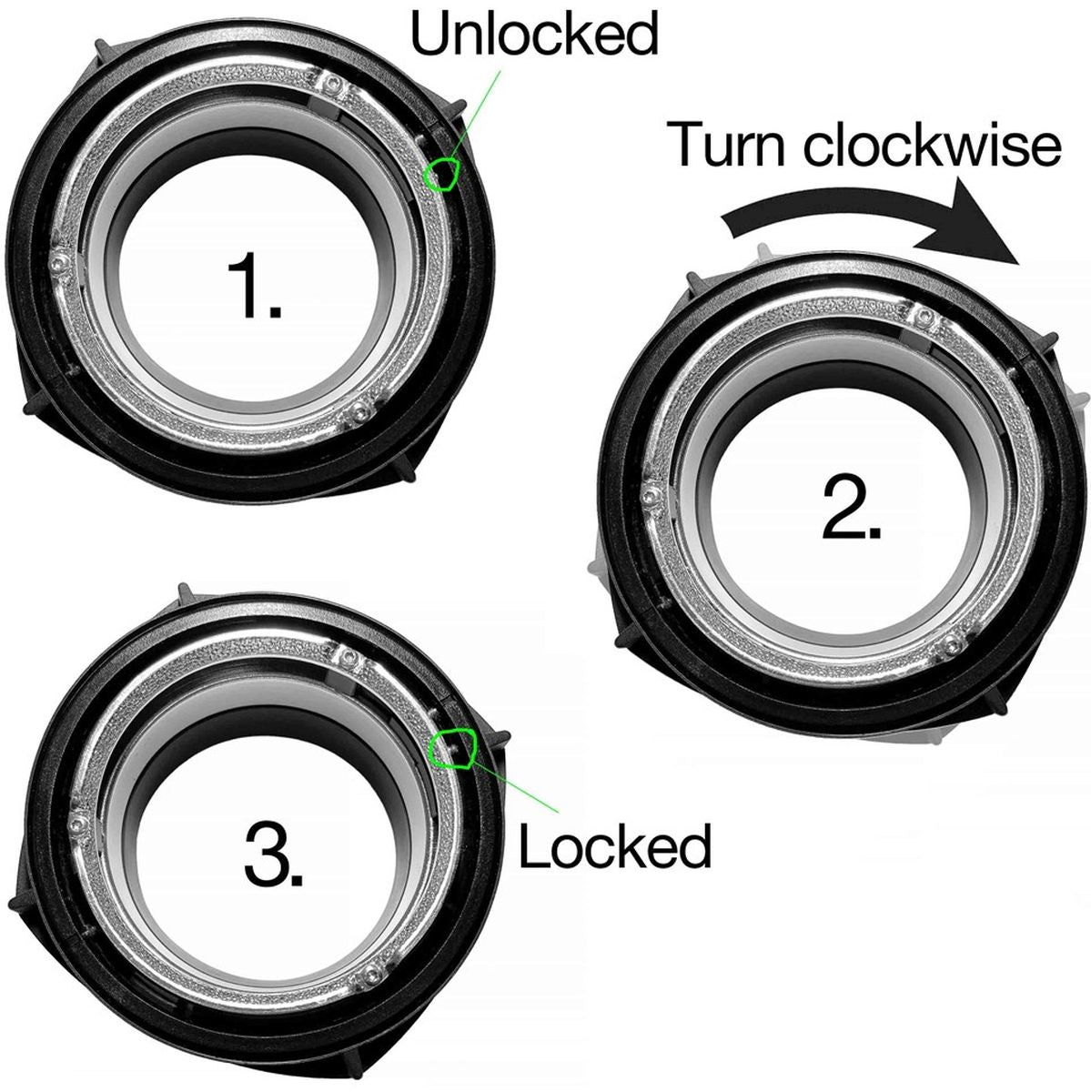 Schéma de verrouillage en trois étapes sur une bague noire : déverrouillé, rotation horaire, verrouillé