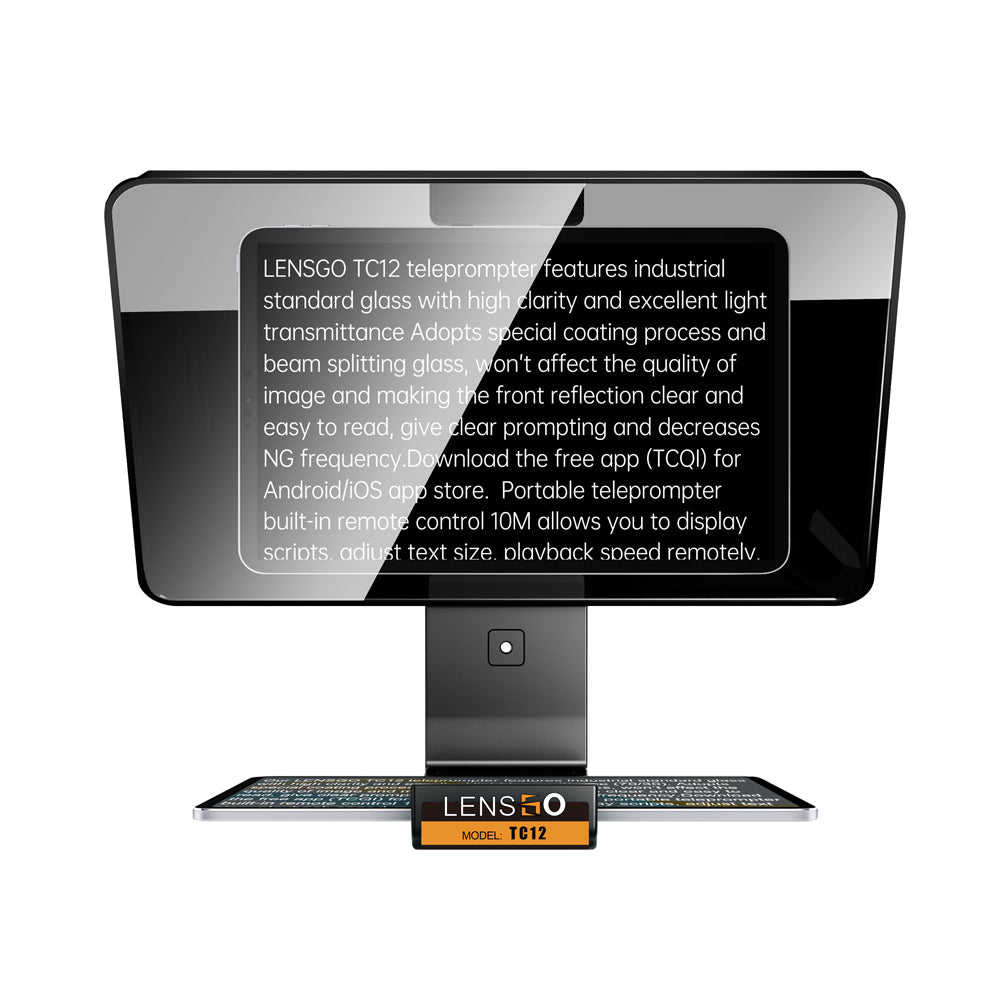 Téléprompteur Lensgo TC12 vu de face, texte reflété sur le grand verre séparateur