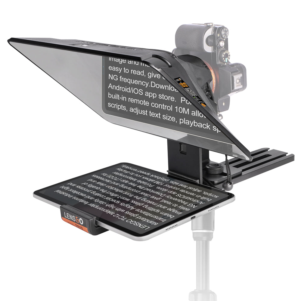 Téléprompteur Lensgo TC12 avec une tablette sous le verre et un boîtier photo grisé à l'arrière