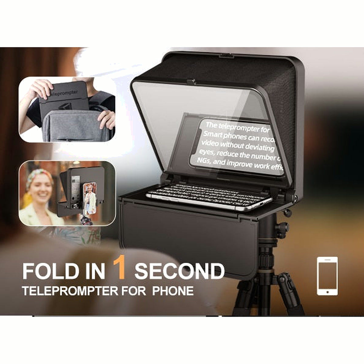 Visuel Lensgo TC7S pliable en une seconde, rangé dans un sac et utilisé pour un tournage face caméra