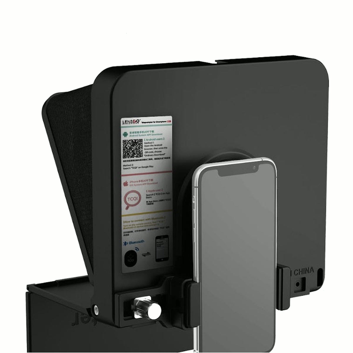 Dos du téléprompteur Lensgo TC7S avec un smartphone fixé à la verticale dans son support