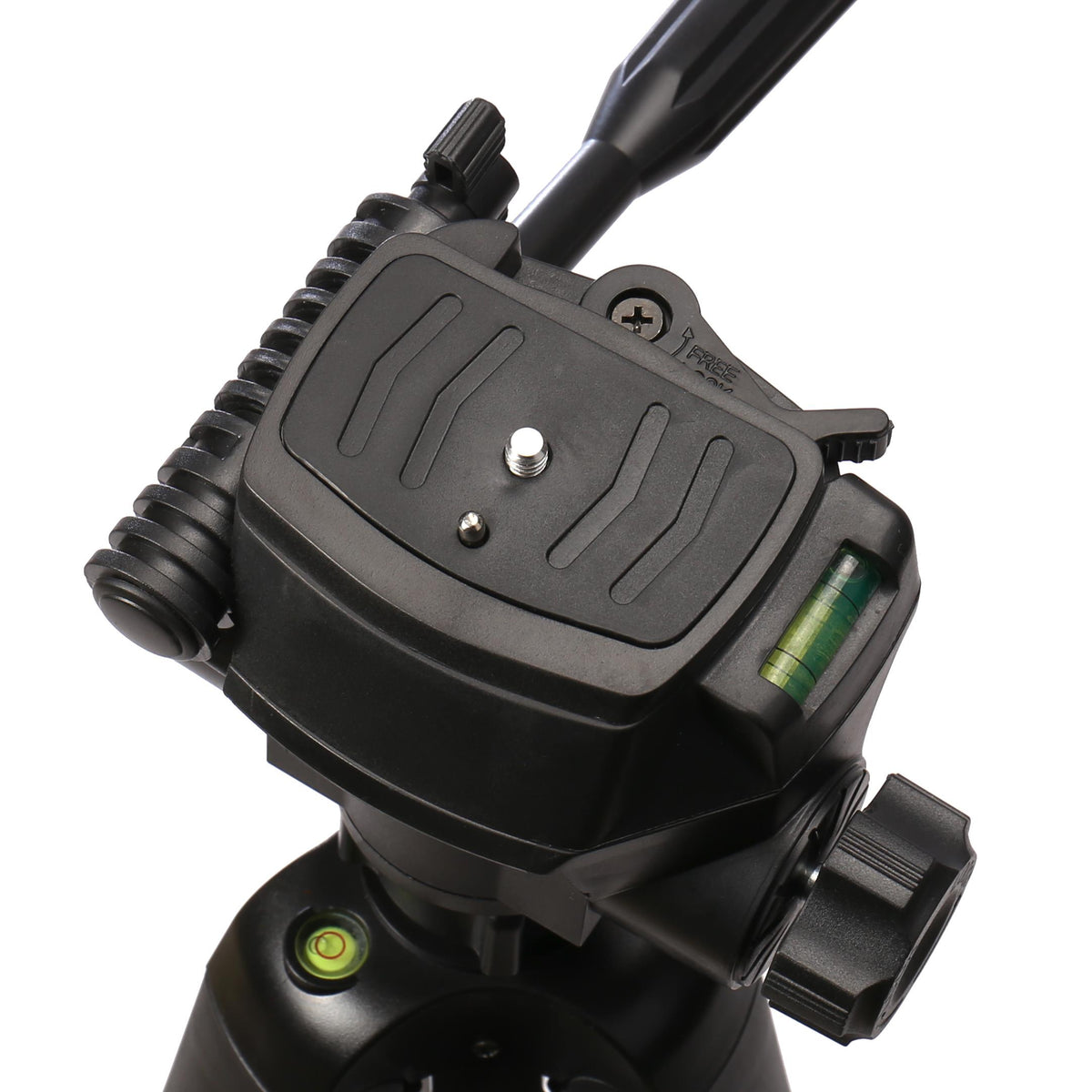 Plateau rapide du trépied Nest WT-3560 vu de dessus, vis 1/4 pouce et niveau à bulle