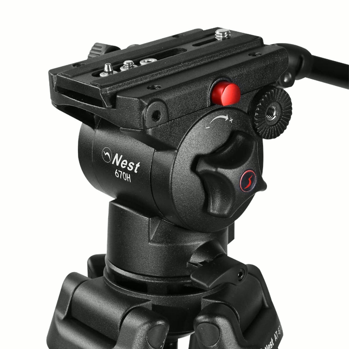 Tête fluide Nest 670H avec plateau rapide et bouton de sécurité rouge