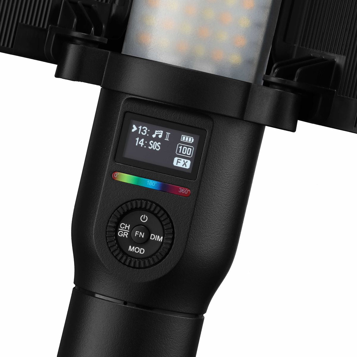 Écran LCD et molette de commande du tube LED Godox LC500R, réglages canal, groupe, intensité et effets