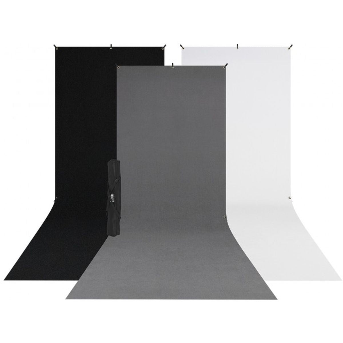 Kit fond photo X-Drop 3 toiles (blanc, noir, gris) avec support de studio
