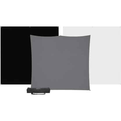 Kit fond photo X-Drop Pro 2,44 x 2,44 m avec 3 toiles (blanc, noir, gris) et support inclus