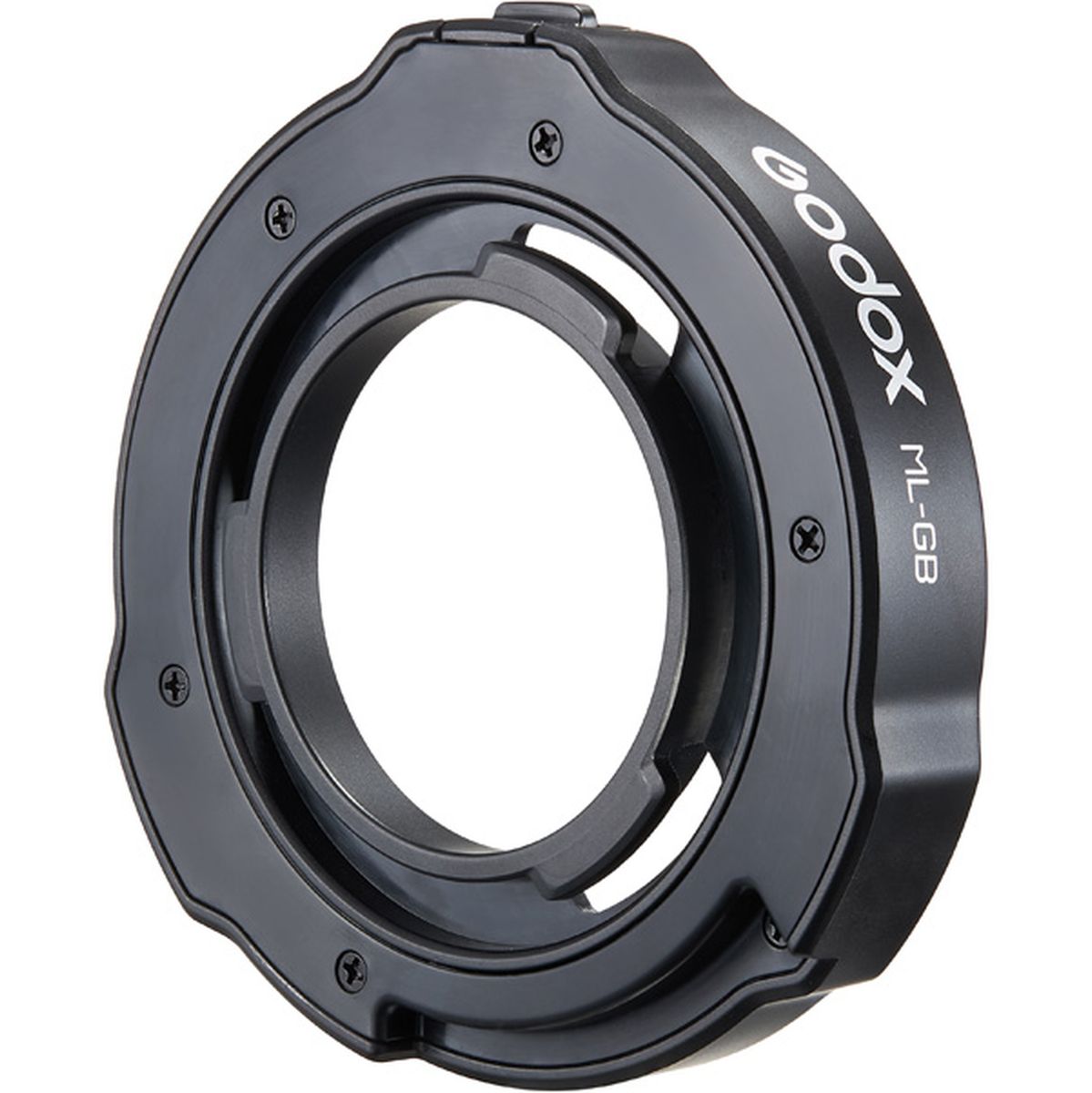 Adaptateur monture Bowens Godox ML-GB vu de trois quarts, logo et référence gravés