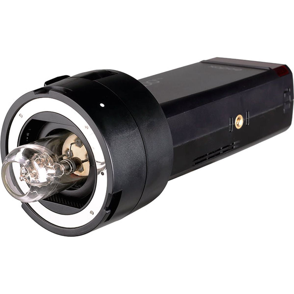 Adaptateur flash SMDV Speedbox-Flip fixé sur la tête nue d'un Godox AD200, ampoule visible 