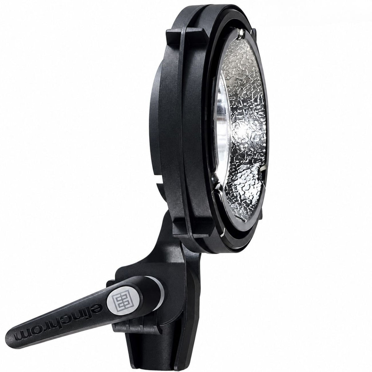 Adaptateur Elinchrom Quadra MK-II de profil, bague noire, réflecteur martelé et poignée de serrage