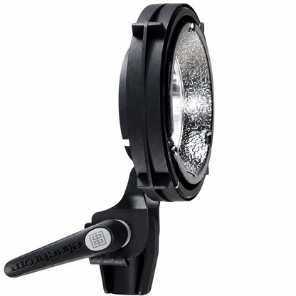 Adaptateur Elinchrom Quadra MK-II de profil, bague noire, réflecteur martelé et poignée de serrage