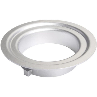 Adaptateur Rotalux Go monture Bowens, collerette argentée et ergot vus de trois quarts 