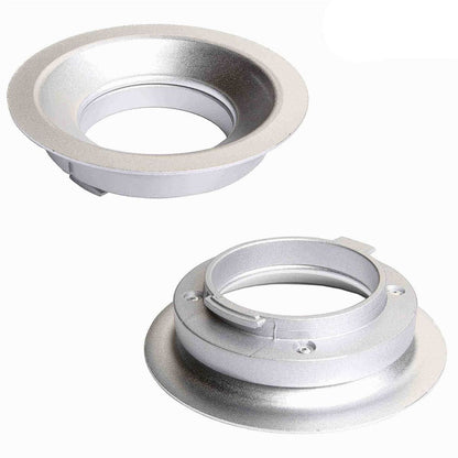 Adaptateur Rotalux Go Broncolor vu côté boîte et côté flash, bague de fixation vissée 