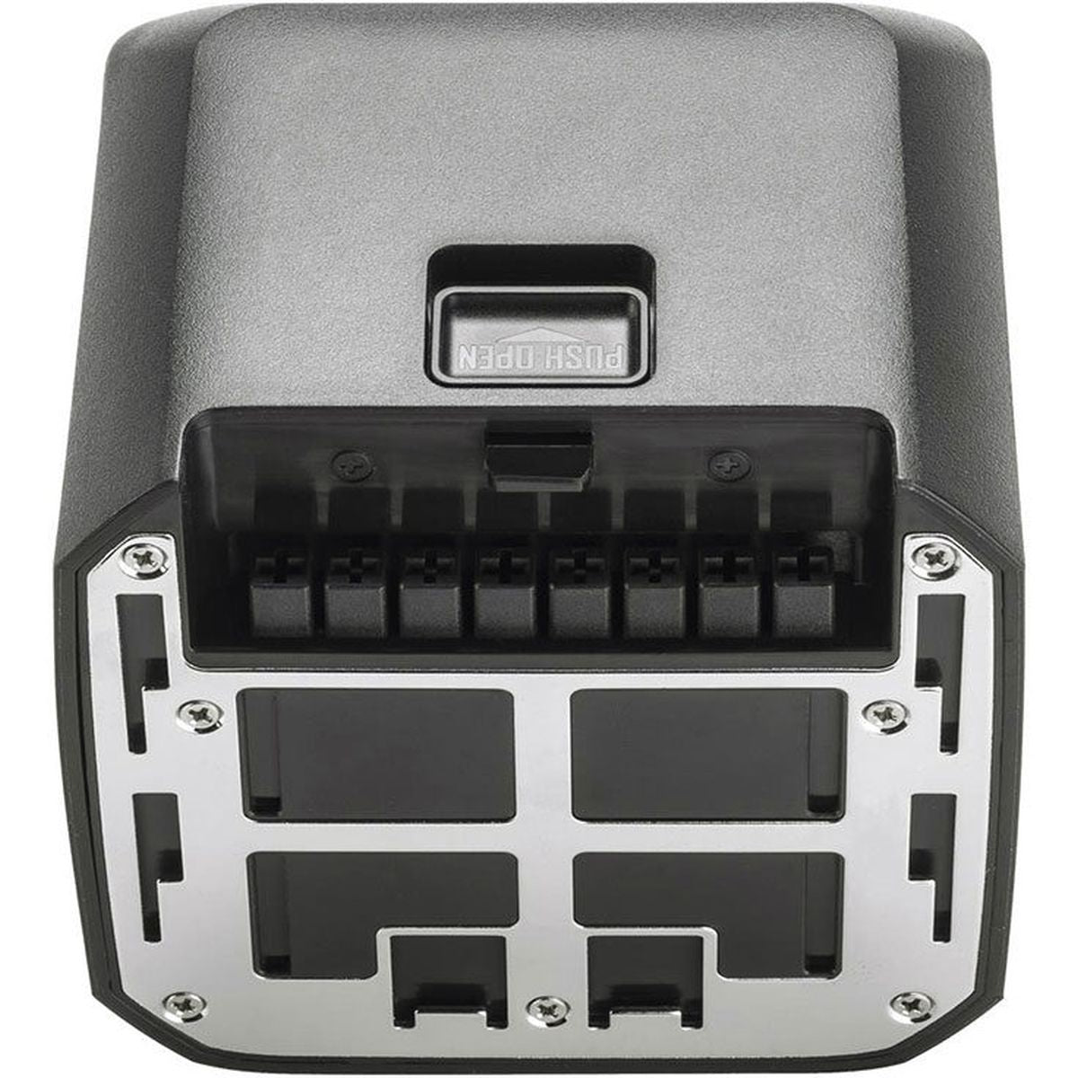 Adaptateur secteur Godox AD-AC vu de dessous, connecteur et plaque de fixation au boîtier