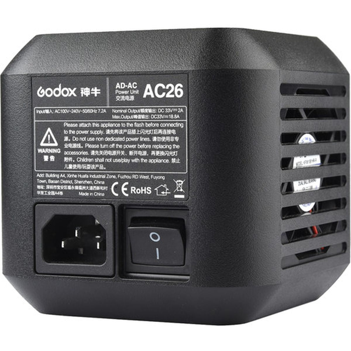 Adaptateur secteur Godox AD600PRO AC, installé sur le flash