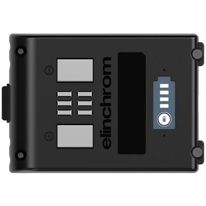 Batterie Elinchrom FIVE vue de dessus, contacts et jauge de charge à cinq segments