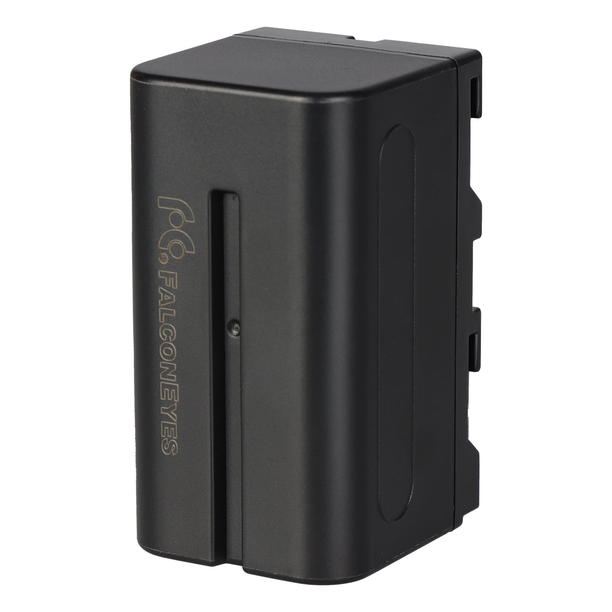 Batterie Falcon Eyes NP-F750 noire vue de trois quarts, logo Falcon Eyes gravé sur la face