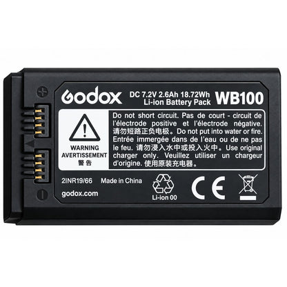 Batterie Godox WB100Pro vue de face, étiquette WB100 7,2 V 2,6 Ah 18,72 Wh et contacts