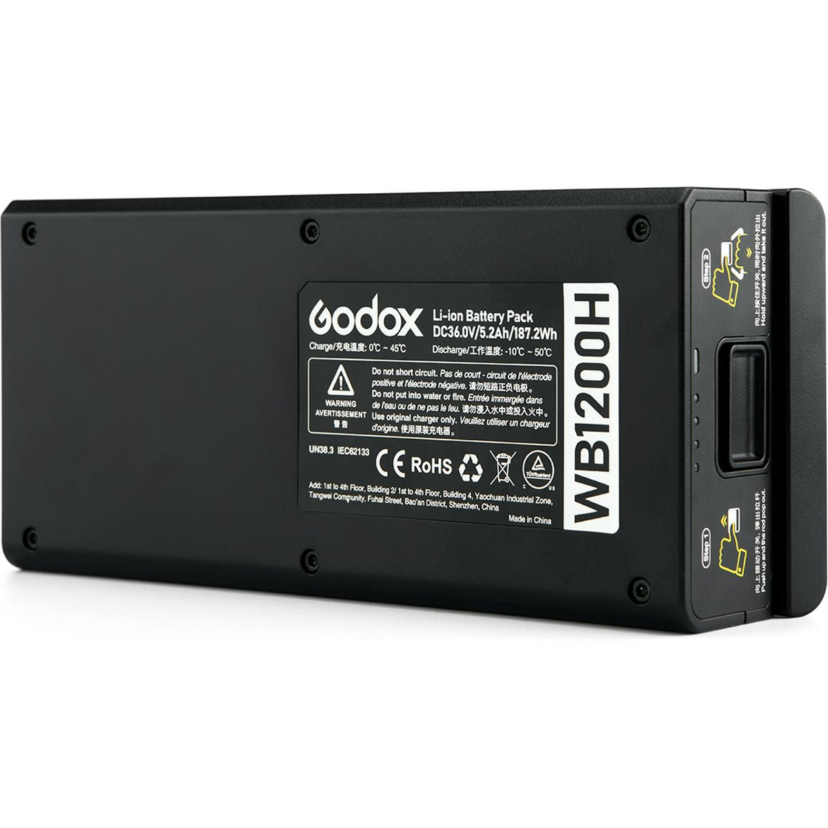 Batterie Godox WB1200H vue de côté, étiquette 36 V 5,2 Ah 187,2 Wh