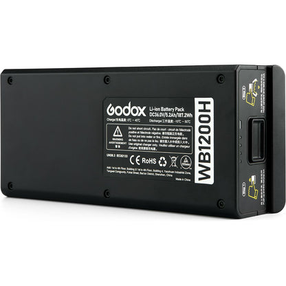 Batterie Godox WB1200H vue de côté, étiquette 36 V 5,2 Ah 187,2 Wh