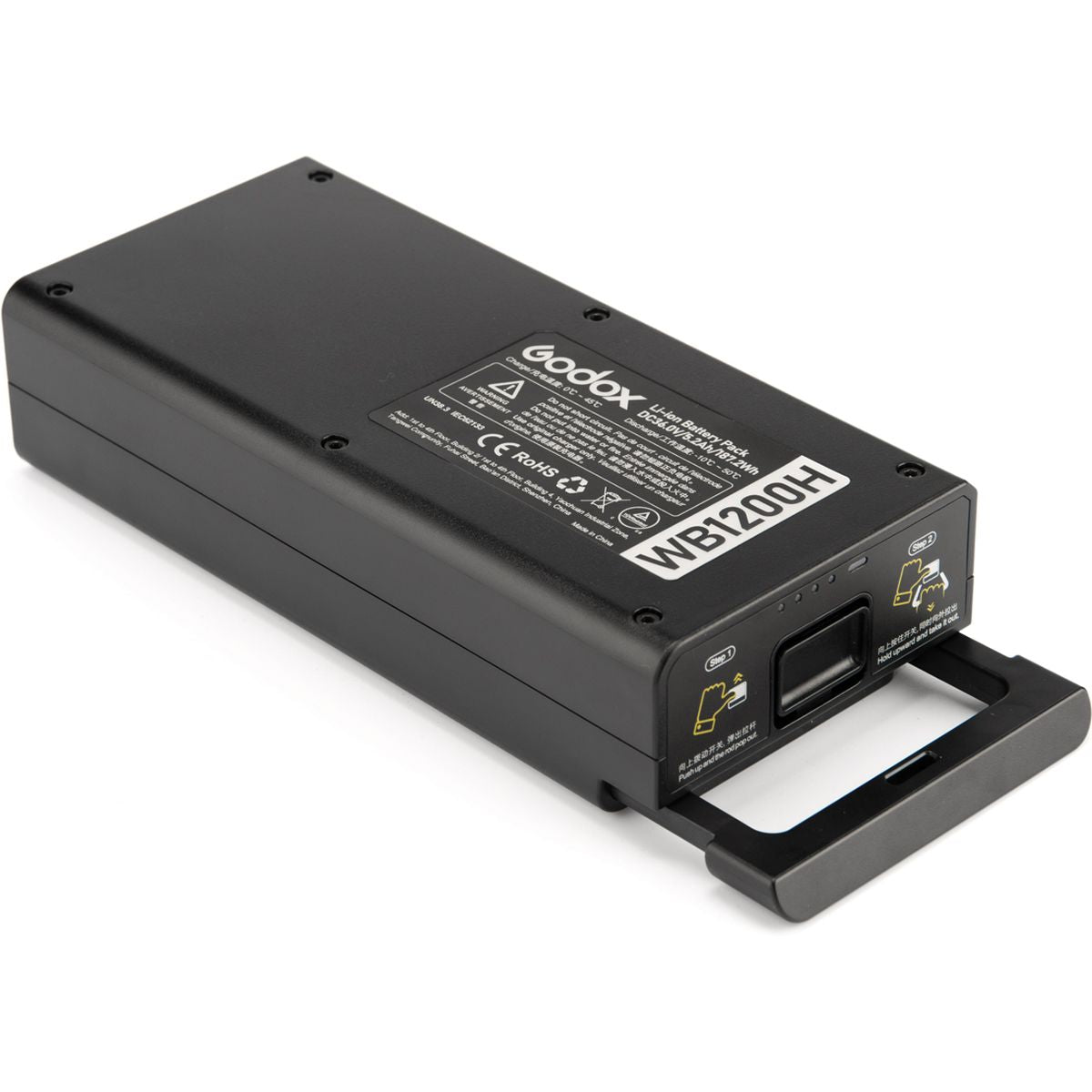 Batterie Godox WB1200H de trois quarts avec sa poignée d'extraction dépliée