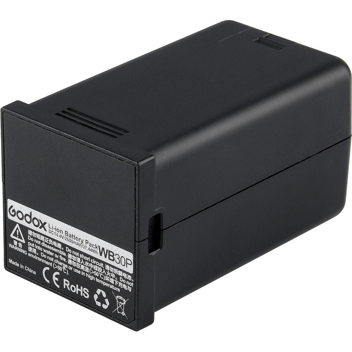 Batterie Godox WB30P noire de trois quarts, étiquette 14,4 V 2600 mAh 37,44 Wh