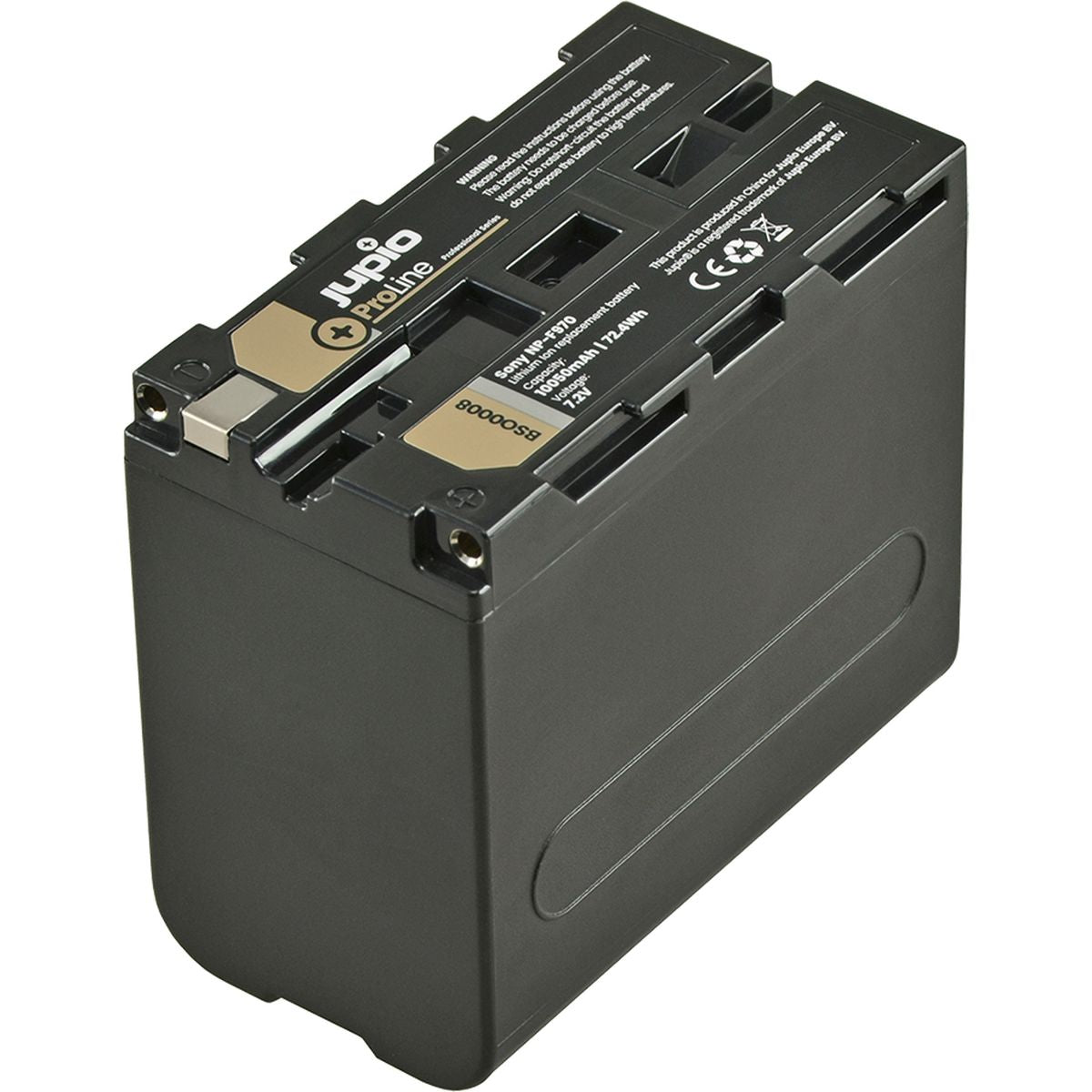 Batterie Jupio ProLine NP-F970 10050 mAh grise vue de trois quarts, contacts et rails de la série L