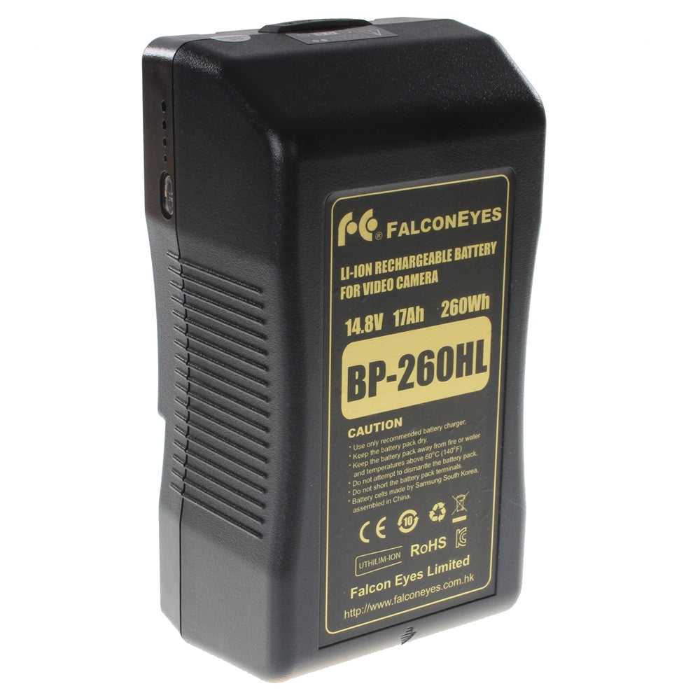 Batterie V-Mount Falcon Eyes BP-260HL de trois quarts, étiquette dorée 14,8 V, 17 Ah et 260 Wh