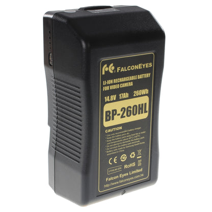 Batterie V-Mount Falcon Eyes BP-260HL de trois quarts, étiquette dorée 14,8 V, 17 Ah et 260 Wh