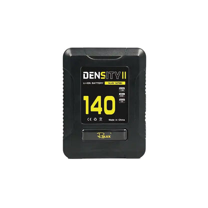 Batterie V-Mount Rolux Density II 140 Wh de face, étiquette jaune 14,4 V et logo Rolux 