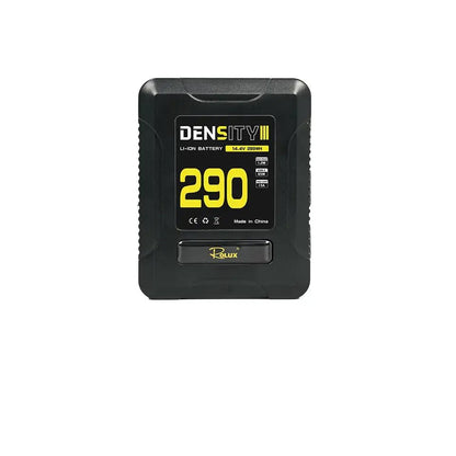 Batterie V-Mount Rolux Density III 290 Wh de face, étiquette jaune 14,4 V et logo Rolux 