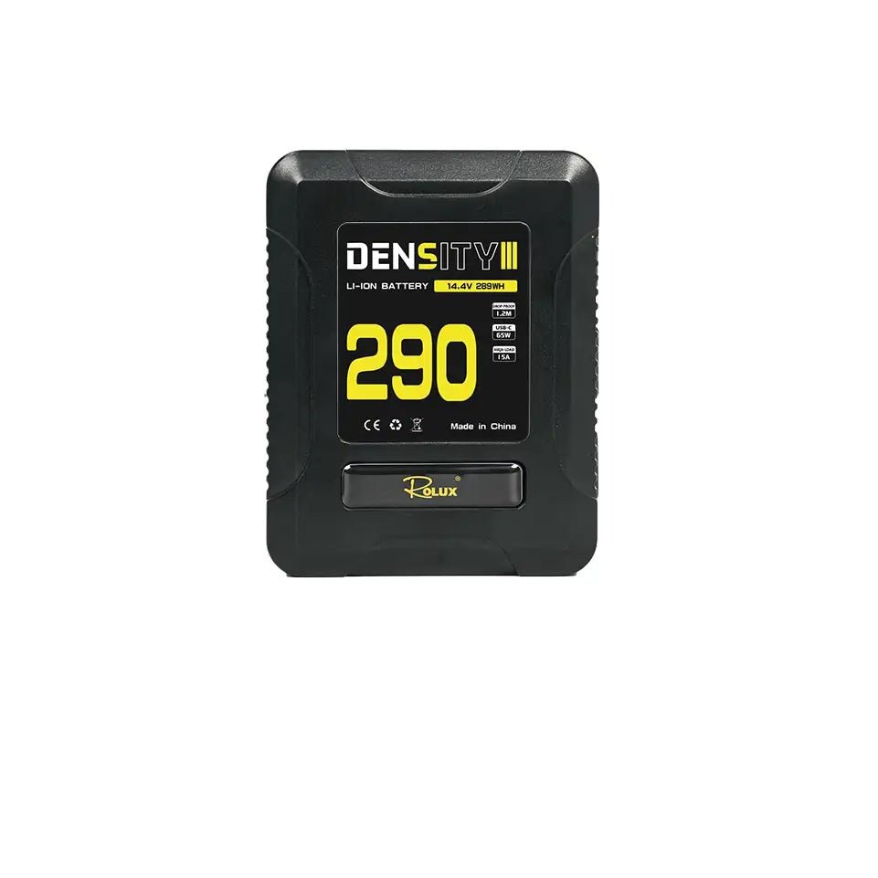 Batterie V-Mount Rolux Density III 290 Wh de face, étiquette jaune 14,4 V et logo Rolux 