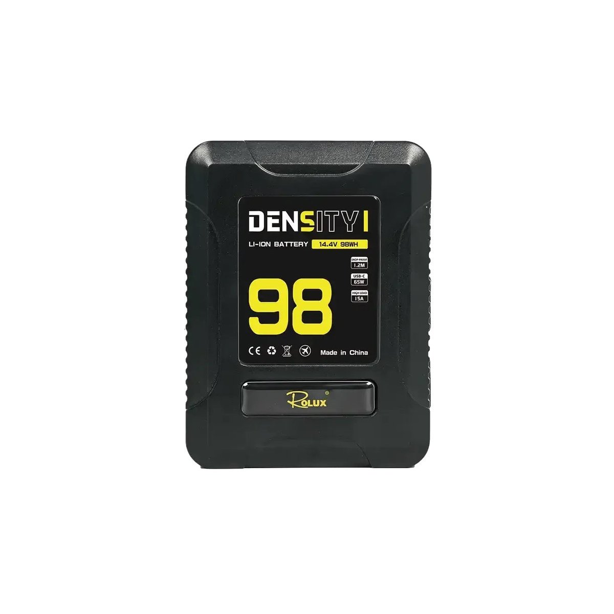 Batterie V-Mount Rolux Density I 98 Wh de face, étiquette jaune 14,4 V et logo Rolux 