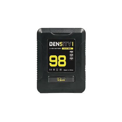 Batterie V-Mount Rolux Density I 98 Wh de face, étiquette jaune 14,4 V et logo Rolux 