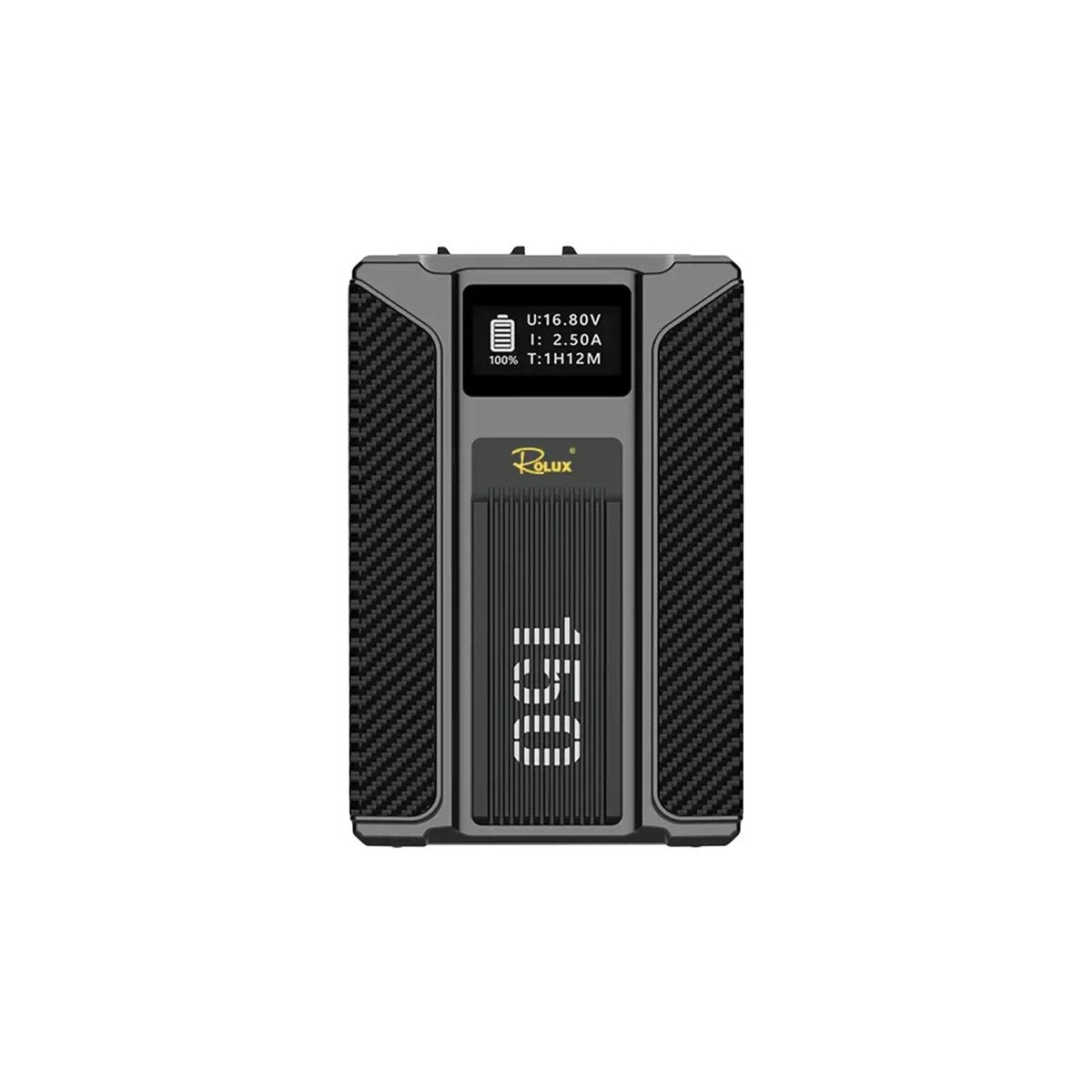 Batterie V-Mount Rolux Dynasty III 150 Wh de face, flancs carbone, écran OLED et marquage 150 