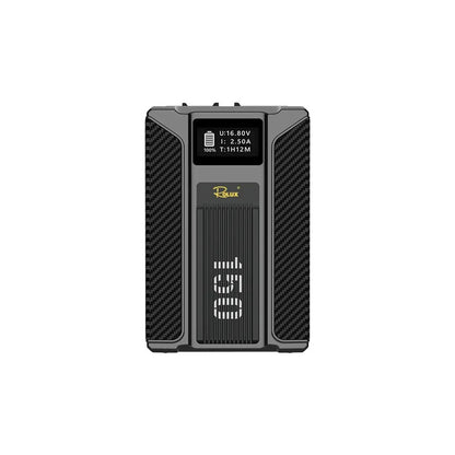 Batterie V-Mount Rolux Dynasty III 150 Wh de face, flancs carbone, écran OLED et marquage 150 