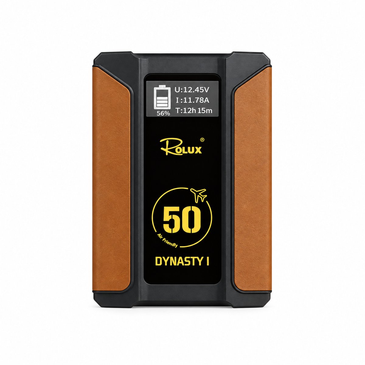 Batterie V-Mount Rolux Dynasty I 50 Wh de face, flancs façon cuir camel et écran OLED de charge 