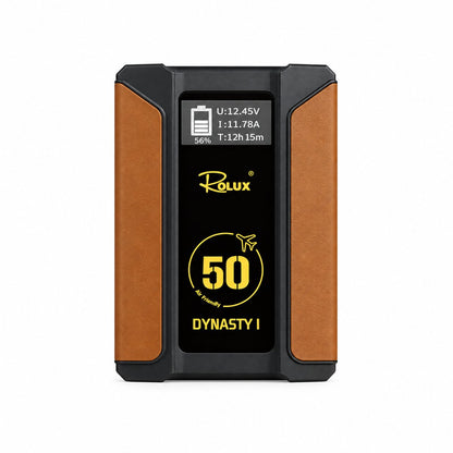 Batterie V-Mount Rolux Dynasty I 50 Wh de face, flancs façon cuir camel et écran OLED de charge 