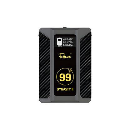 Batterie V-Mount Rolux Dynasty II 99 Wh de face, flancs en fibre de carbone et écran OLED de charge 