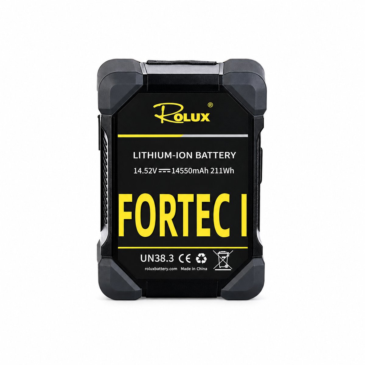 Batterie V-Mount Rolux Fortec I 211 Wh de face, angles caoutchoutés et étiquette 14,52 V 14550 mAh 