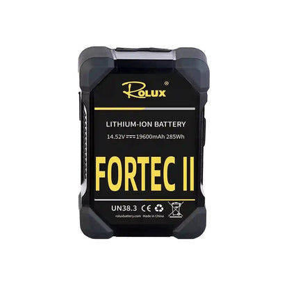 Batterie V-Mount Rolux Fortec II 285 Wh de face, angles caoutchoutés et étiquette Fortec II 